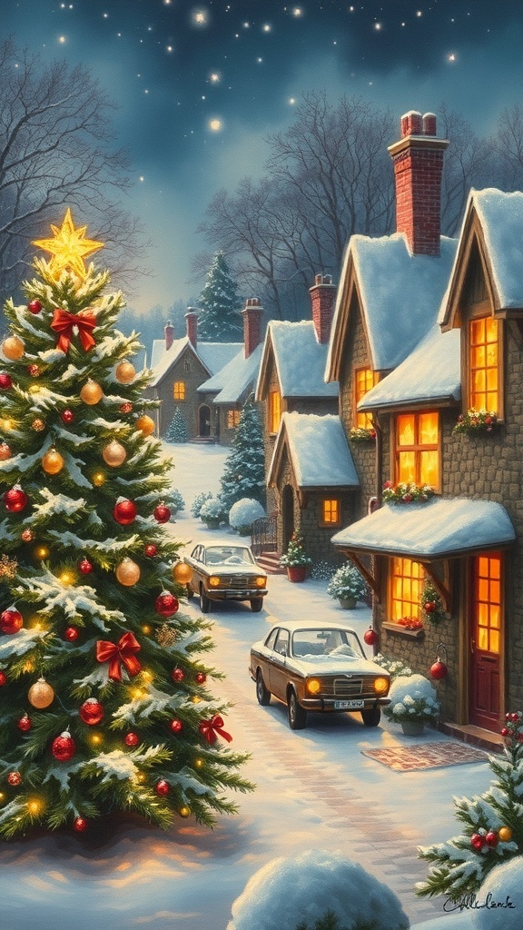 A vintage Christmas painting of a snowy village with a decorated tree and warm cottage lights.